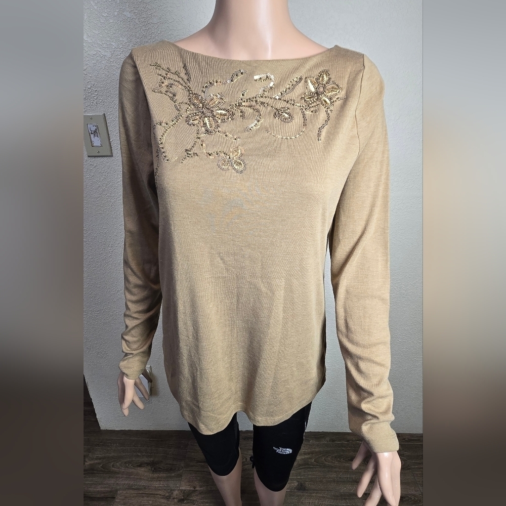 Ralph Lauren tan beaded long sleeve top boat neck lightweight stretch Size Large
